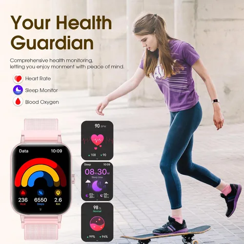 Miniatura 6 de Reloj inteligente para mujeres y hombres (respuesta/hacer llamadas) 1.83 pulgadas HD 3 bandas reloj inteligente compatible con teléfonos Android Rosa