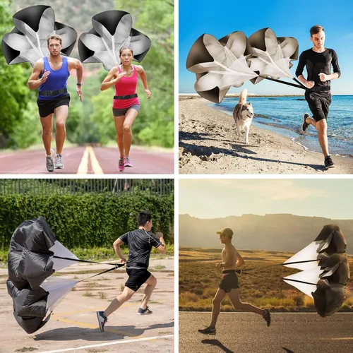 Miniatura 4 de Paracaídas para correr, paquete de 2 a 56 pulgadas, canal de resistencia de velocidad para fútbol, entrenamiento de baloncesto, adultos (negro)