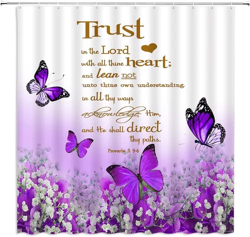 Miniatura 9 de GCTNBJL Cortina de ducha con cita inspiradora, diseño de mariposa y flores azules y verde azulado con texto en inglés "Trust in the Lord