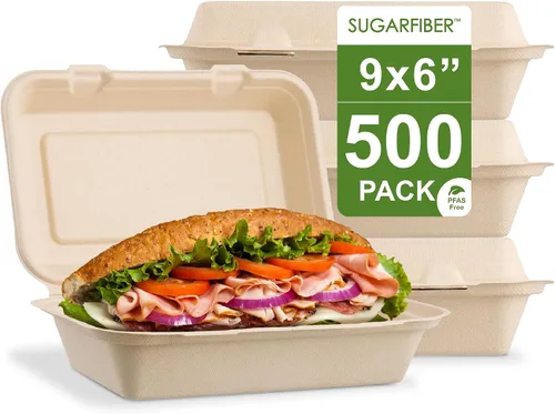 Miniatura 11 de [500 unidades] Fibra de azúcar por Harvest Pack PFAS FREE 6 x 6 pulgadas compostable Clamshell Recipientes de alimentos, contenedor con bisagras