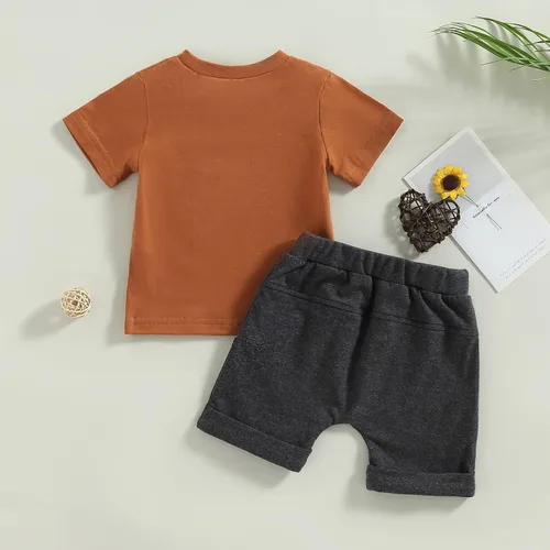 Miniatura 78 de Conjunto de traje de verano para bebé niño pequeño, manga corta, cuello redondo, letras impresas, lindo traje de verano, conjunto de 2 piezas