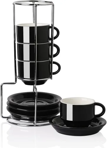 Sweejar Tazas de café expreso de porcelana con platillos apilables de 2.5 onzas con soporte de metal para bebidas de café, café con leche, té, juego