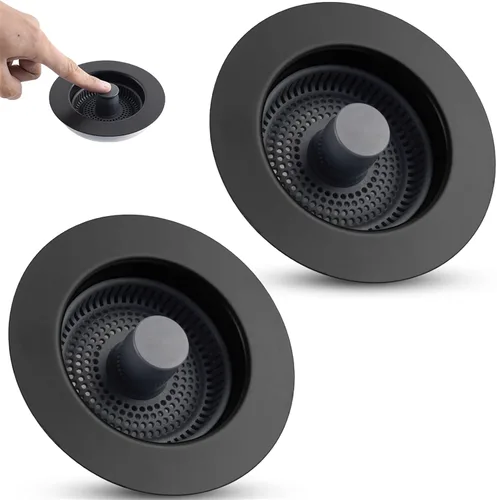 Miniatura 7 de Combo Universal 3 en 1 de Colador y Tapón de Drenaje para Fregadero de Cocina, Carcasa de Acero Inoxidable Negro con Tapón Emergente para Filtro