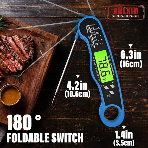 Miniatura 3 de Termómetro de carne de lectura instantánea rápida con luz de fondo, sonda digital impermeable para alimentos, para asar a la parrilla, cocinar, Azul