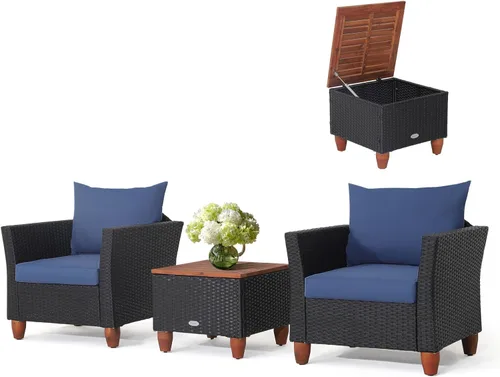 Miniatura 10 de COSTWAY Juego de muebles de ratán de 3 piezas, juego de sillas de mimbre para exteriores con mesa de centro de madera de acacia y cojín lavable