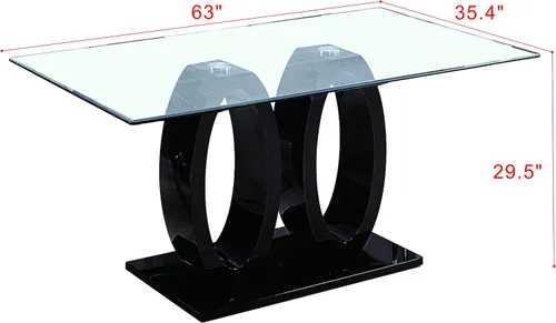 Miniatura 2 de Mesa de comedor rectangular moderna de vidrio, mesa de cocina de vidrio con parte superior de vidrio templado transparente y pedestal de base doble