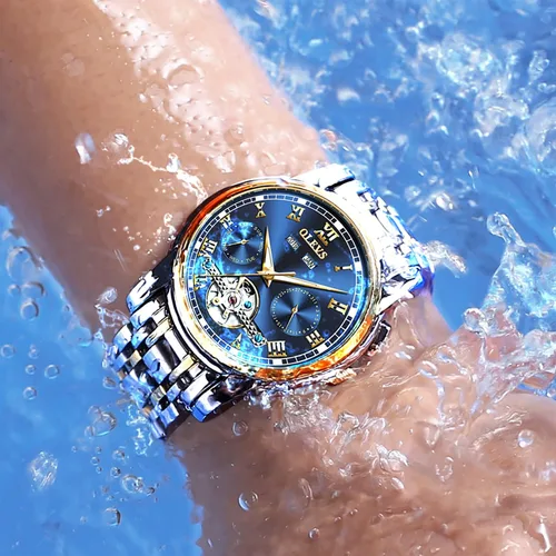 Miniatura 4 de OLEVS Relojes de cuerda automática para hombre vestido mecánico automático Tourbillon de acero inoxidable doble calendario impermeable luminoso