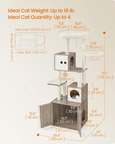 Miniatura 5 de Feandrea Árbol para gatos con recinto para caja de arena, torre para gatos moderna 2 en 1, condominio para gatos de 70.8 pulgadas de alto con postes
