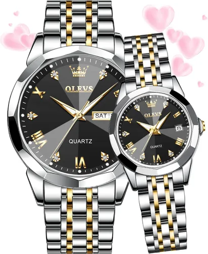 Miniatura 8 de OLEVS Reloj para parejas para él y ella, reloj analógico de cuarzo para hombres y mujeres, de acero inoxidable, impermeable, luminoso, fecha, reloj