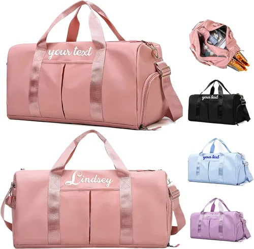 Bolsa de lona personalizada rosa personalizada gimnasio viaje bolsa deportiva nombre bordado seco húmedo bolsas separadas regalo de dama de honor
