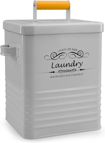 ELITAPRO Contenedor de almacenamiento de detergente para ropa con cuchara y tapa, dispensador de polvo de metal para lavandería para decoración y