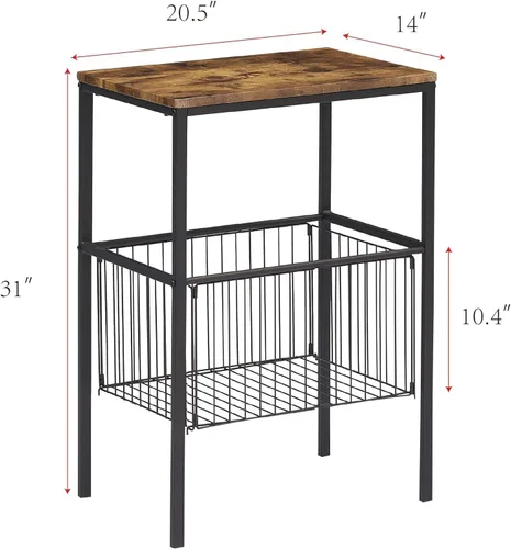 Miniatura 2 de VECELO Mesa auxiliar alta con cesta de metal, mesita de noche con estante organizador de almacenamiento, mesita de noche de madera con marco