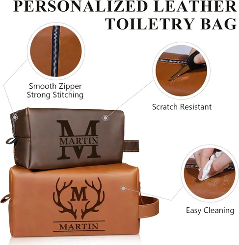 Miniatura 4 de Bolsa de artículos de aseo personalizada para hombres, kit de viaje de cuero con monograma personalizado para hombres, organizador de artículos