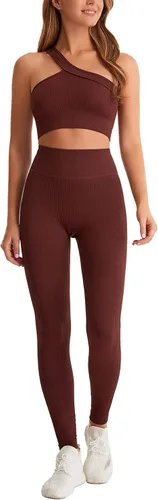Miniatura 8 de Yknktstc Conjuntos de entrenamiento para mujer, brasier deportivo acanalado sin costuras, traje de 2 piezas, cintura alta, gimnasio, yoga, leggings