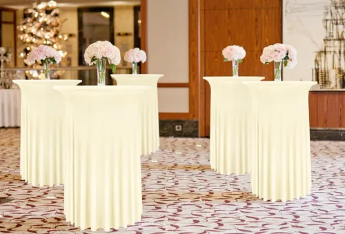 Miniatura 4 de Paquete de 4 manteles redondos para mesa de cóctel, de 32 x 43 pulgadas, de elastano, con cortinas onduladas, color beige, para mesa de boda, bar