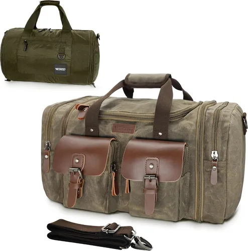 Miniatura 11 de Wildroad Bolsa de viaje de lona de 50L, bolsa de lona expandible de cuero genuino, bolsa de fin de semana mejorada para una noche, bolsa de mano