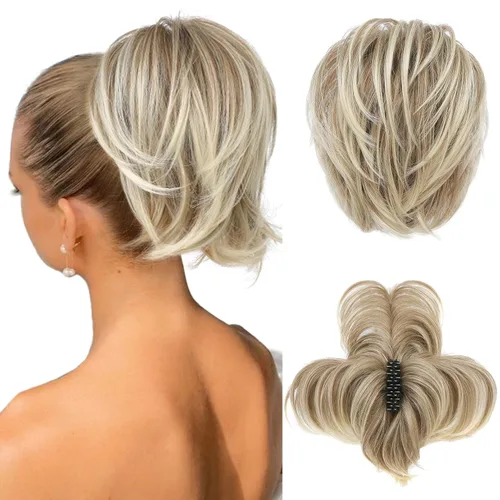 Miniatura 8 de HOOJIH - Pieza de cabello con moño desordenado, clip de garra en moño de cabello liso de 9 pulgadas, extensión de cola de caballo corta con alambre