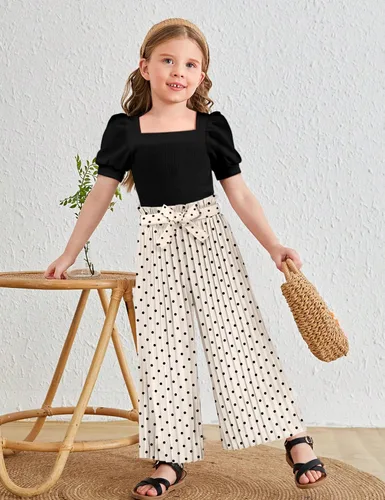 Miniatura 60 de DONWEN Conjunto de 3 piezas de ropa para niñas pequeñas y niñas con cuello cuadrado + pantalones elegantes + diadema para primavera y verano