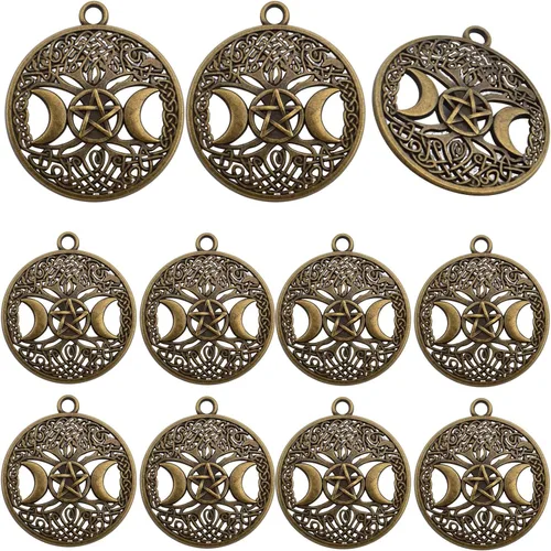 Miniatura 9 de BronaGrand 20pcs Tree of Life Charms with Triple Moon Goddess Pentagram Tibetan Alloy Round Pentacle Pendants Vintage Tree Dangle Charms for DIY