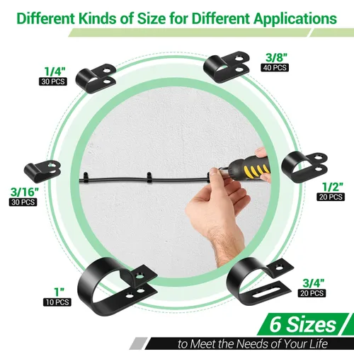 Miniatura 2 de Clips de cable para organizador de cables, 6 tamaños, 300 piezas, nailon tipo R, 3/16 pulgadas, 1/4 pulgadas, 3/8 pulgadas, 1/2 pulgadas, 3/4