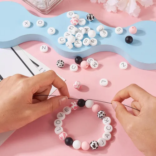 Miniatura 3 de FASHEWELRY 36 cuentas de silicona redondas del alfabeto A-Z, cuentas focales de goma de vaca para pulseras, collares, llaveros, fabricación de joyas
