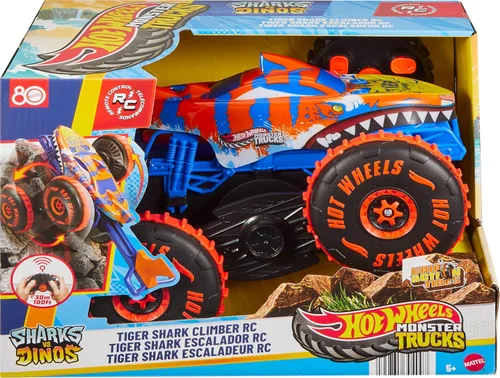 Miniatura 6 de Hot Wheels Monster Trucks - Vehículo de juguete a control remoto, escalador de tiburón tigre a gran escala con 3 modos de juego para carreras