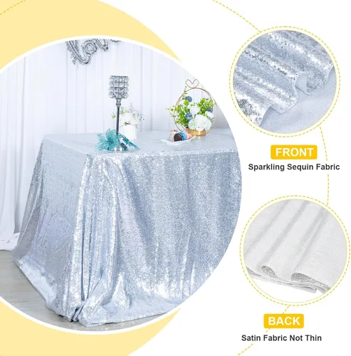 Miniatura 3 de Mantel de lentejuelas plateadas, mantel rectangular de 50 x 102 pulgadas, mantel rectangular de lentejuelas y tela satinada para fiestas, bodas