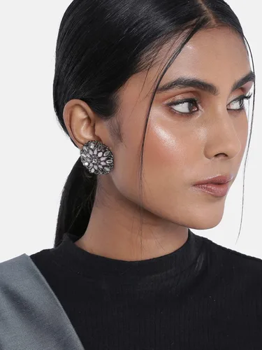 Miniatura 2 de I Jewels 18k Silver Oxidized Indian Wedding Bollywood Kundan Studded Meena Work Designer Circular Stud Earrings for Women(E2933Z)