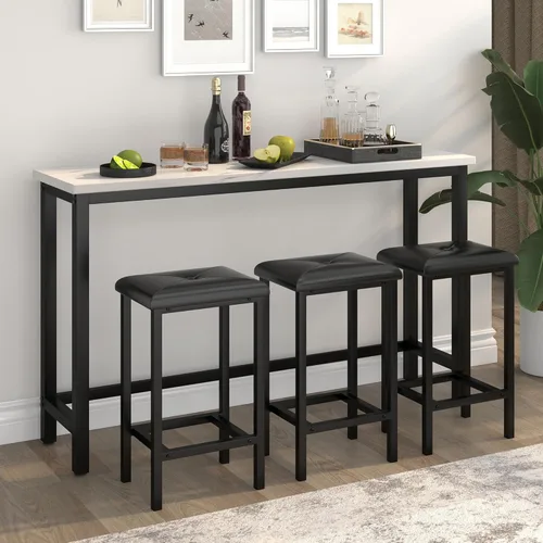 Miniatura 2 de Juego de mesa de bar para 3, juego de mesa de mármol sintético de 60.2 pulgadas detrás del sofá, moderna mesa de sofá con 3 taburetes tapizados