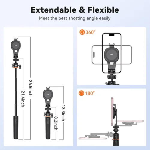 Miniatura 3 de VRIG - Trípode magnético para selfie stick de 21.6 pulgadas con control remoto inalámbrico, trípode extensible para teléfono Magsafe para iPhone 16