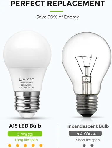 Miniatura 3 de L LOHAS LED Bombilla para refrigerador, equivalente a 40 W, 120 V, A15, bombillas impermeables para nevera, 5 W, E26, base media, luz blanca diurna