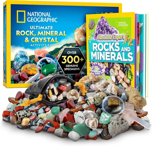 Caja de colección de rocas National Geographic para niños – Juego de 300 piezas con gemas reales, cristales y minerales - Incluye el libro a todo
