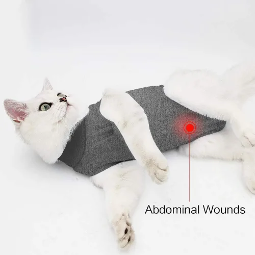 Miniatura 4 de DOTON Traje de recuperación para gatos macho y hembra, ropa suave para después de la cirugía, mono con cono blando, camisa, ropa protectora, Gris