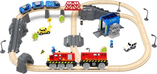 Miniatura 6 de Juguete de tren de locomotora a batería para pista de madera, camión de bomberos motorizado con luz y sonido, ajuste para tren Brio, regalo