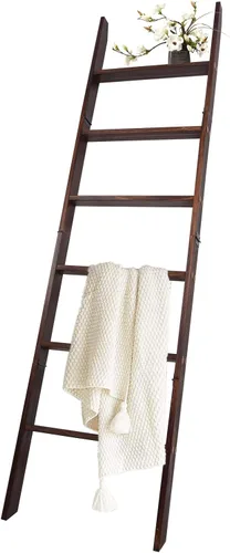 Escalera para mantas, soporte de edredón de madera de 6 niveles, estante decorativo tipo escalera, estante inclinado, escalera para mantas apoyada