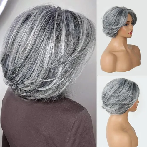 Miniatura 9 de Aisaide Peluca Corta de Corte Pixie Gris Platino con Flequillo de Cortina Bob para Mujeres - Peluca Sintética con Raya Lateral Despeinada