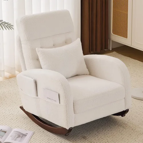 VINGLI Silla de columpio de felpa de estilo teddy con asiento bajo, silla de columpio tapizada en bouclé para cuarto de bebé con bolsillos Forro