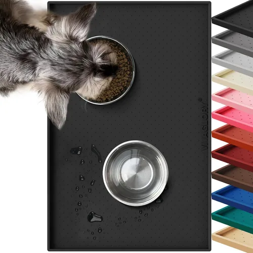 Vivaglory - Tapete para comida de mascotas grande 24 (largo) x 16 (ancho) pulgadas o pequeño de 19 (largo) x 12 (ancho) pulgadas, impermeable, Negro