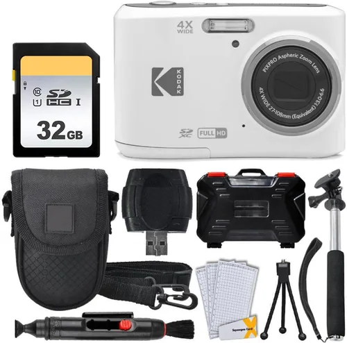 Kodak PIXPRO FZ45 - Cámara digital (blanco) + Tarjeta de memoria de 32GB + Estuche para cámara Point and Shoot + Monópodo extensible + Lápiz limpia