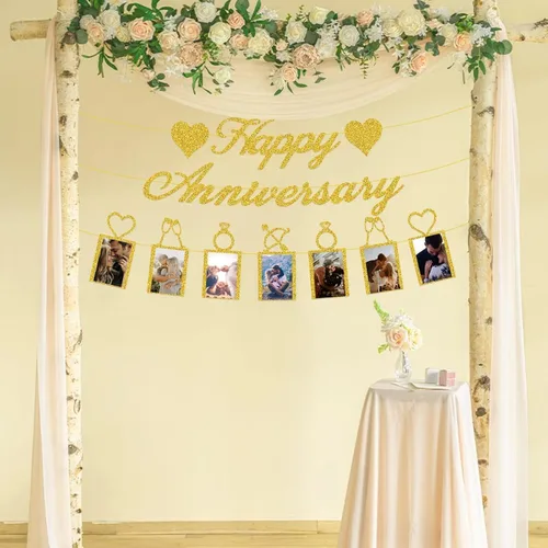 Miniatura 6 de Decoraciones de fiesta de feliz aniversario, pancarta y pancarta de fotos para decoración de fiesta de boda