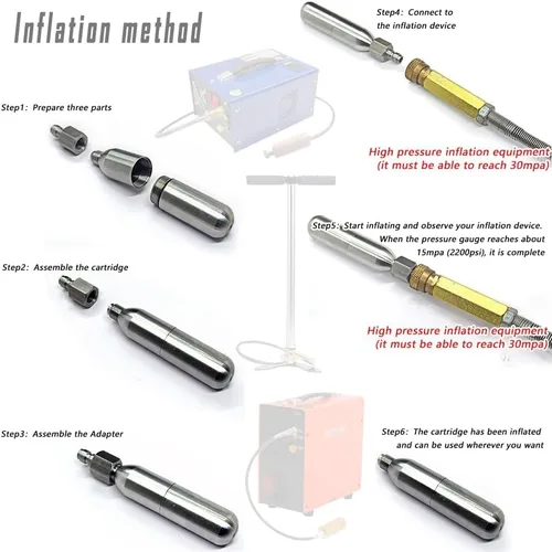 Miniatura 4 de Cartucho de CO2 recargable de acero inoxidable reutilizable con enchufe macho de 0.315 in y rosca UNF de 3/8"-24UNF para Airsoft, inflado