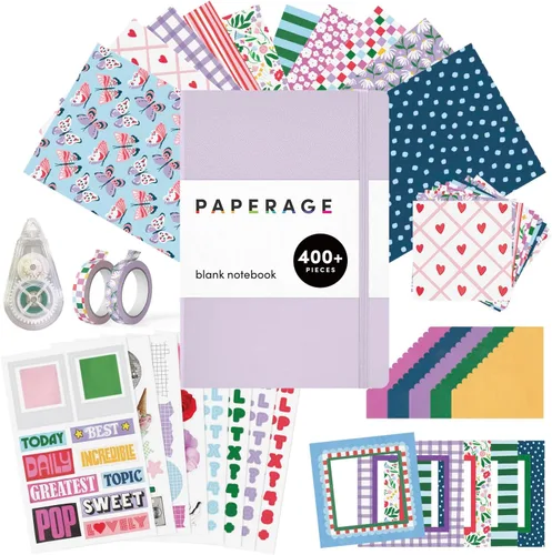 Miniatura 13 de PAPERAGE Kit de diario de viñetas, juego de diario punteado y kit estacionario, cuaderno de tapa dura con puntos (rubor), 12 bolígrafos finos, 8