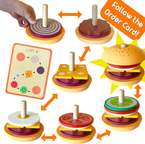 Miniatura 2 de Montessori Mama Hamburguesa apilable, crea un apilador de secuenciación de hamburguesas, juguetes de terapia ocupacional, juguete multicultural