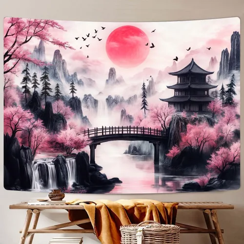 Miniatura 5 de Viajar Japanese Cherry Blossom Tapestry, Pink Sakura Landscape Wall Hanging with Red Moon Pagoda Bridge Waterfall, Asian Aesthetic Wall Decor for