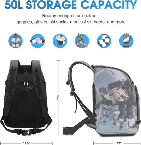 Miniatura 2 de Octsky Bolsa para botas de esquí, mochila de viaje para botas de esquí de 50 litros, bolsa de snowboard para casco de esquí, gafas, guantes, esquís