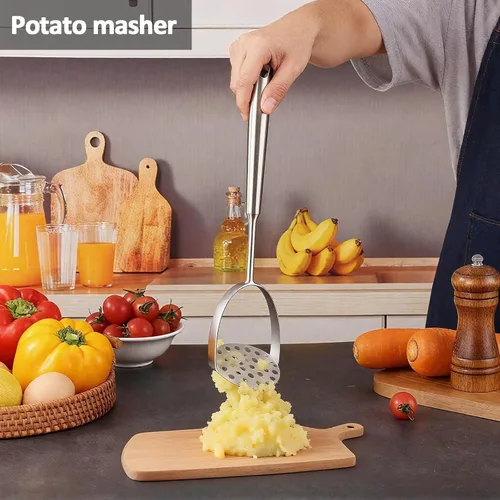 Miniatura 4 de Juego de utensilios de cocina de acero inoxidable 304 con soporte, 12 piezas de utensilios de cocina de metal con triturador de papas, servidor
