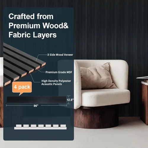 Miniatura 2 de NeatiEase Paneles de pared de listones de madera, 4 piezas, 96 x 12.6 pulgadas, insonorizados y con cancelación de ruido, paneles de pared acústicos