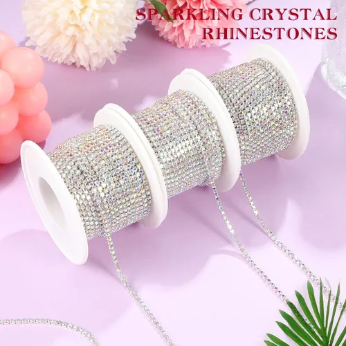 Miniatura 4 de 3 rollos en total de 33 yardas de 0.079 pulgadas (0.079 in) con diamantes de imitación de cristal, cadena de copa de garra de cristal, costura