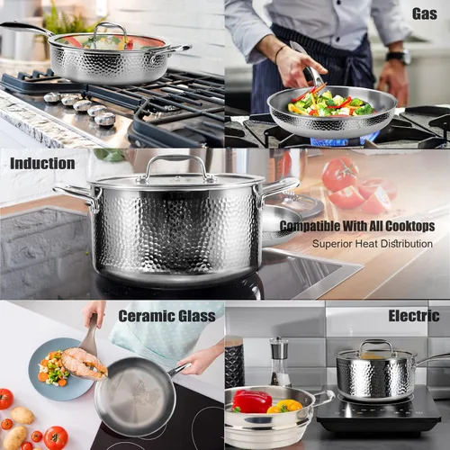 Miniatura 5 de imarku Juego de ollas y sartenes, 14 piezas de utensilios de cocina de acero inoxidable revestido de tres capas con mango y tapas colgadas, se
