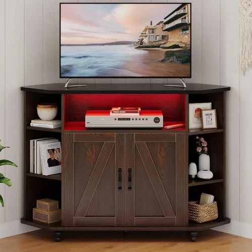 Miniatura 7 de 4 EVER WINNER Soporte de TV esquinero, gabinete de TV esquinero estilo granja con luces LED para TV de 50 pulgadas, estantes ajustables, soporte